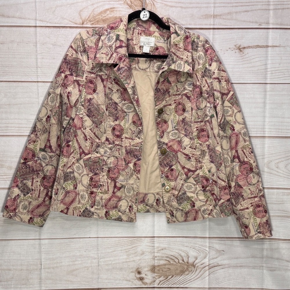 Christopher‎ & Banks Paris Print Stretch Cotton Jacket Burgundy Tan Womens Large